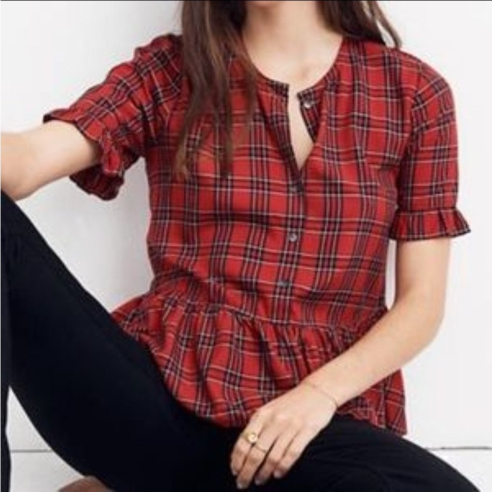 Madewell Studio Ruffled Hem Holiday Top in Clanton Plaid XXS